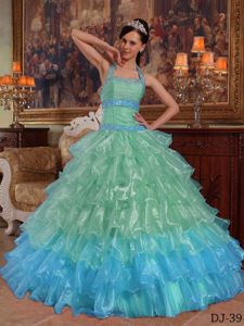 Apple Green Halter Top Beaded and Ruched Organza Quinceanera Gown Dress