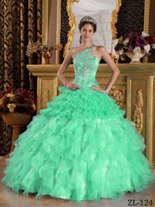 Satin and Organza Beaded Apple Green Quinceanera Dress with One Shoulder
