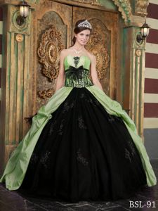 Strapless Appliques and Bowknot Yellow Green and Black Quinceanera Dresses