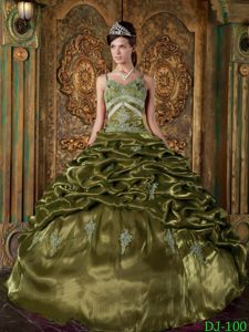 Olive Green Taffeta Beading and Pick-ups Straps Sweet 16 Dresses in Summer