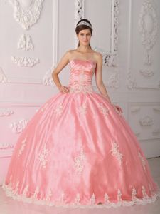 2013 Lynnwood Watermelon Strapless Appliques Quinceanera Dress with Lace-up
