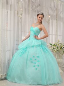 Apple Green Organza Appliques and Flowers Sweetheart Quinceanera Dress
