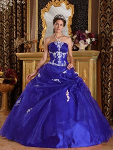 Free Shipping Royal Blue Strapless Organza Appliques Dress For Quinceanera