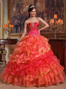 Wonderful Orange Red Sweetheart Taffeta and Organza Beaded Quinceanera Dress