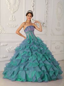 Green Strapless Organza Beading and Appliques Dress for Quince Floor-length