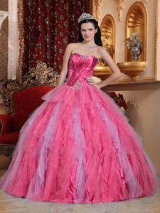Coral Red Sweetheart Beaded and Ruffled Quinceanera Dress in Auburn Autumn