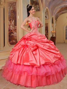 Watermelon One Shoulder Taffeta Quinceanera Dress with Appliques in Vienna