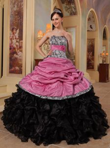 New Pink and Black Sweetheart Ruffled Taffeta and Organza Dress for Quince