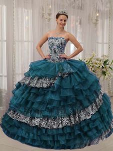 Turquoise Sweetheart Zebra and Organza Beaded Sweet 15 Dress with Ruffles