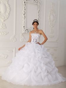 Beaded and Flowery Organza White Strapless Quinceanera Dress with Court Train