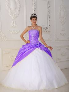 Purple and White Strapless Appliques and Hand-made Flower Dress for Quince