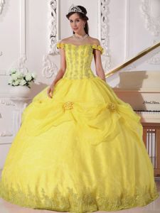 Off the Shoulder Appliqued Yellow Quince Dress with Hand Flowers