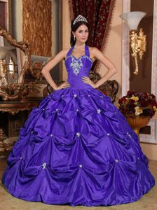 Purple Halter Top Floor-length Taffeta Appliqued Quinceanera Dress