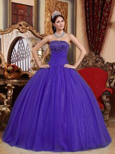 Strapless Floor-length Tulle Embroidered Purple Quinceanera Dress