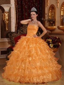 Strapless Floor-length Organza Beaded Quinceanera Dress in Orange