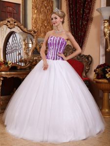 Strapless Floor-length Tulle Sequined Quinceanera Dress in White in Salamanca