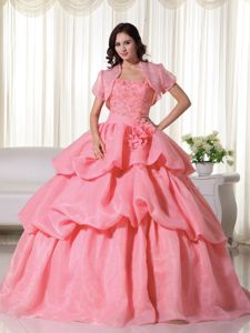 Watermelon Strapless Organza Quince Dresses with Hand Flowers in Manassas