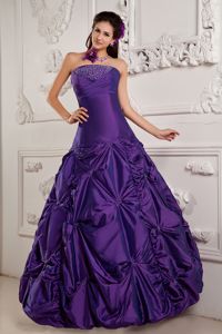 Strapless Beaded Embroidered Quinceanera Dress in Eggplant Purple