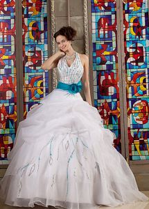 White Halter Floor-length Organza Quinceanea Dress with Sash in Copiapo