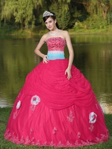 Tulle Strapless Beaded Coral Red Quinceanera Dress with Flower in Antofagasta