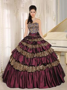 Burgundy Leopard Ruffled Appliqued Quince Dresses with Beading