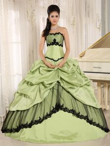 Yellow Green and Black Appliqued Quinceanera Dress with Pick-ups