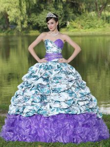 Colorful Beaded Ruffled Quince Dress with Printing and Pick-ups in Mejillones