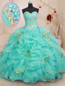 Sleeveless Organza Floor Length Lace Up Sweet 16 Dresses in Apple Green with Beading and Ruffles and Sequins