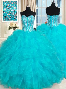 Aqua Blue Lace Up Quinceanera Dress Beading and Ruffles Sleeveless Floor Length