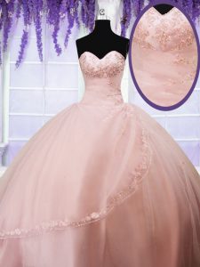 Eye-catching Baby Pink Sleeveless Tulle Lace Up Vestidos de Quinceanera for Military Ball and Sweet 16 and Quinceanera