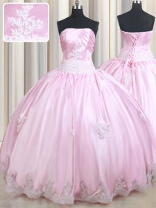 Discount Sleeveless Taffeta Floor Length Lace Up Quinceanera Gown in Baby Pink with Appliques