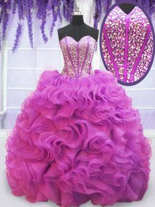 Superior Purple Sleeveless Brush Train Beading and Ruffles Quince Ball Gowns