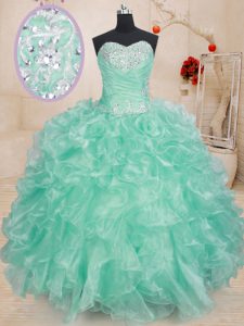 Glamorous Sweetheart Sleeveless Sweet 16 Dress Floor Length Beading and Ruffles Apple Green Organza