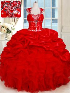 New Arrival Cap Sleeves Floor Length Backless Ball Gown Prom Dress Red for Military Ball and Sweet 16 and Quinceanera with Ruffles and Pick Ups