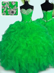 Excellent Green Sweetheart Lace Up Beading and Ruffles Sweet 16 Dress Sleeveless