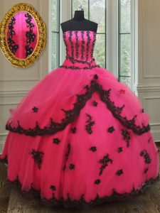 Floor Length Hot Pink 15 Quinceanera Dress Tulle Sleeveless Beading and Appliques