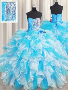 Comfortable Blue And White Sleeveless Ruffles and Sequins Floor Length Quinceanera Gown