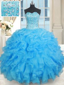 Admirable Baby Blue Sleeveless Floor Length Beading Lace Up Sweet 16 Quinceanera Dress