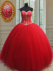 Red Sleeveless Floor Length Beading Lace Up Quinceanera Gowns