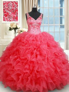 Trendy Organza V-neck Sleeveless Backless Beading and Ruffles Sweet 16 Dresses in Coral Red