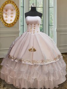 Extravagant Floor Length White Ball Gown Prom Dress Organza and Taffeta Sleeveless Beading and Embroidery and Ruffles