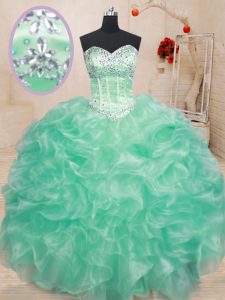 Most Popular Apple Green Sweetheart Neckline Beading and Ruffles Ball Gown Prom Dress Sleeveless Lace Up