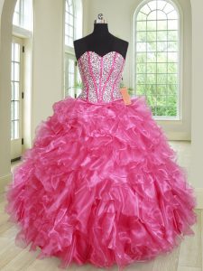 Enchanting Hot Pink Organza Lace Up Sweetheart Sleeveless Floor Length 15th Birthday Dress Beading and Ruffles