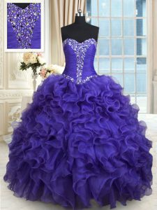 Best Purple Ball Gowns Organza Sweetheart Sleeveless Beading and Ruffles Floor Length Lace Up Ball Gown Prom Dress