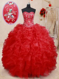 Red Ball Gowns Organza Sweetheart Sleeveless Beading and Ruffles Floor Length Lace Up Quinceanera Gown