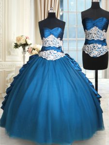 Ideal Teal Taffeta and Tulle Lace Up Sweetheart Sleeveless Floor Length Quinceanera Gown Beading and Lace