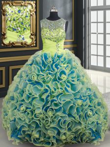 Best See Through Yellow Green Ball Gowns Scoop Sleeveless Fabric With Rolling Flowers Brush Train Lace Up Beading and Sequins Quinceanera Gowns