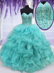 Great Floor Length Ball Gowns Sleeveless Aqua Blue Quinceanera Dresses Lace Up