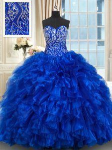 Enchanting With Train Royal Blue 15 Quinceanera Dress Organza Brush Train Sleeveless Beading and Ruffles