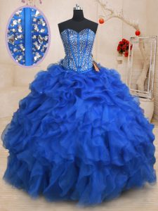 Custom Design Royal Blue Sleeveless Organza Lace Up Sweet 16 Quinceanera Dress for Military Ball and Sweet 16 and Quinceanera